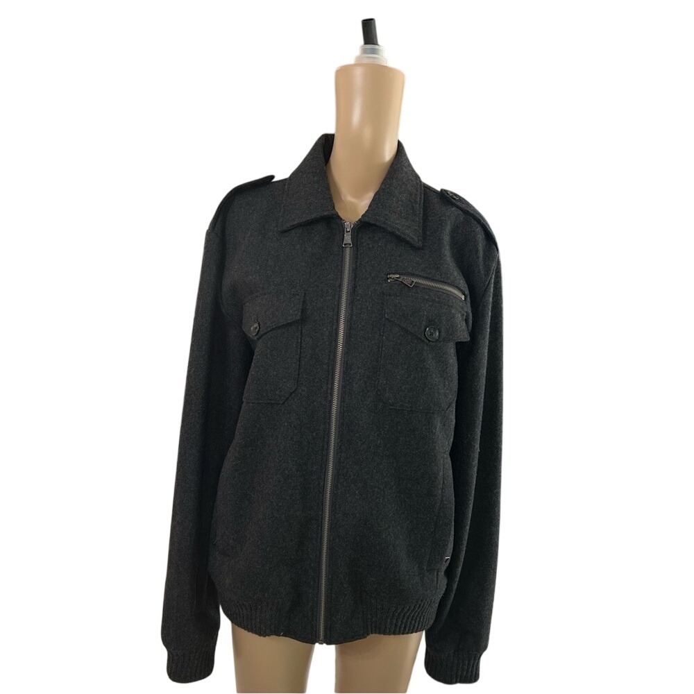 Men's Dark Grey Utility Zip Up‎ Jacket Military Style Pockets Button Accents